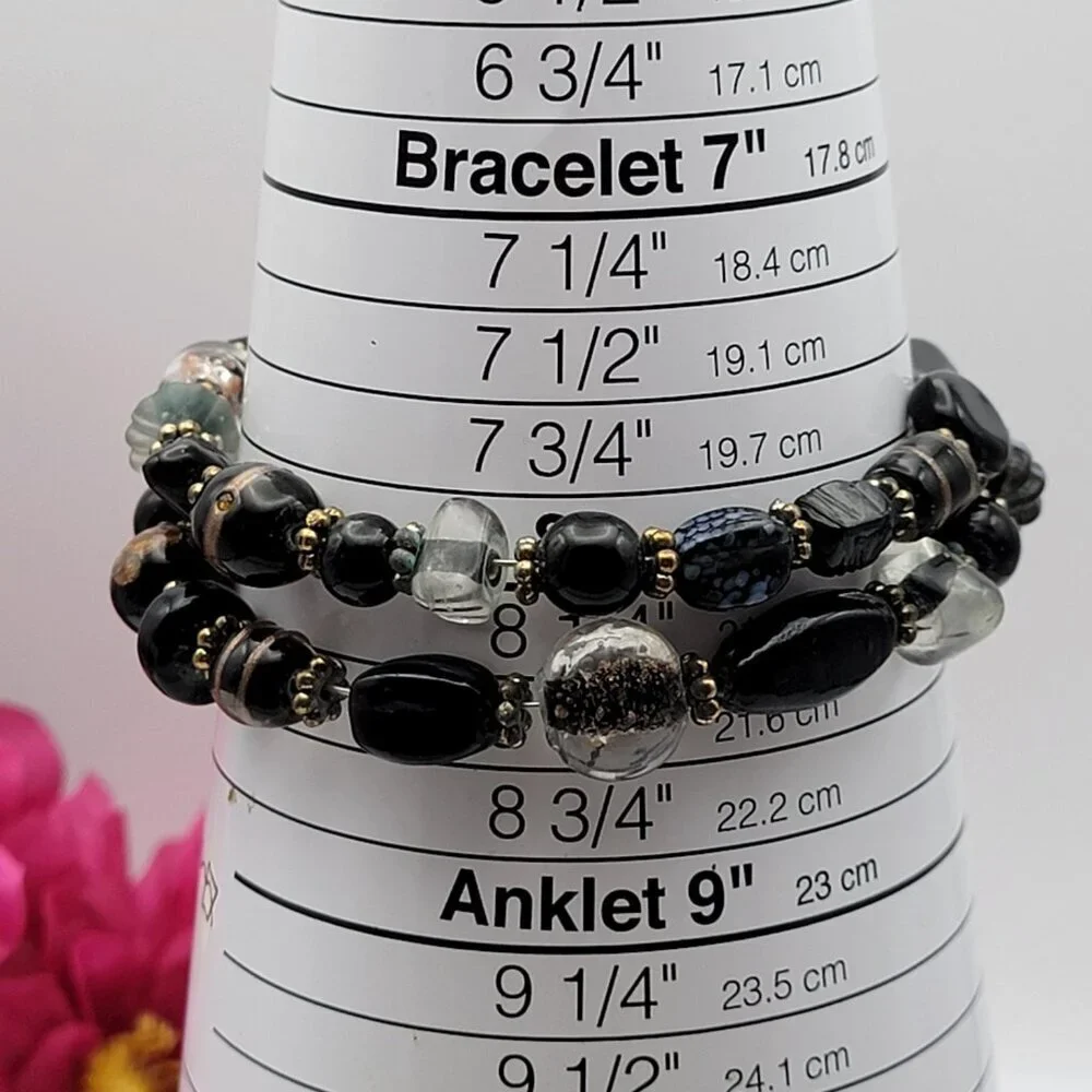 Black Glass Wrap Bracelet Glass Art Mutiple Shapes Gold Tone Spacers 8